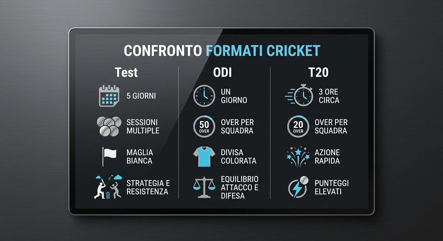 Confronto visivo tra i tre formati del cricket: Test, ODI e T20 per durata e profilo