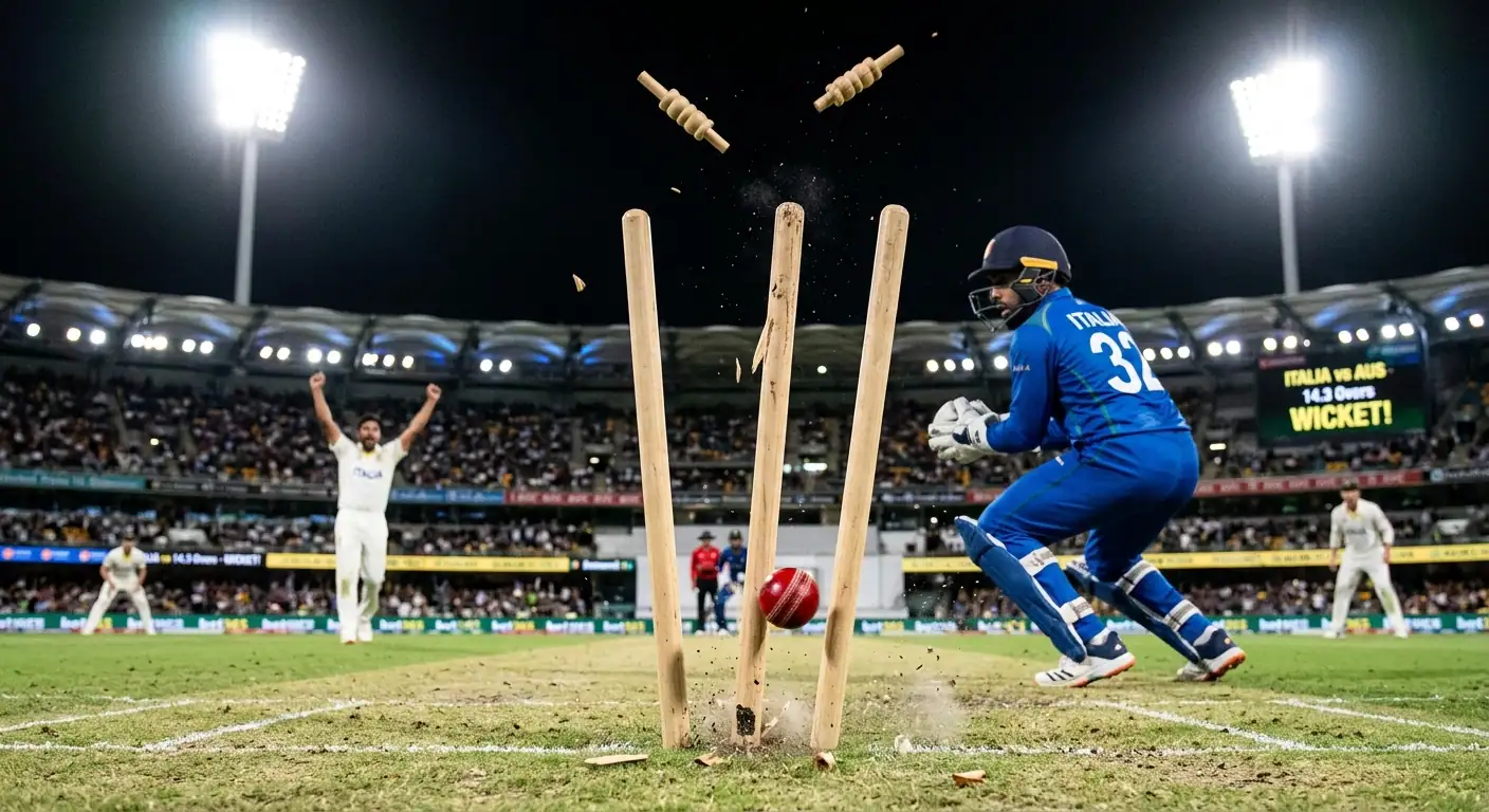 Wicket di cricket con i pali colpiti e le baili che cadono
