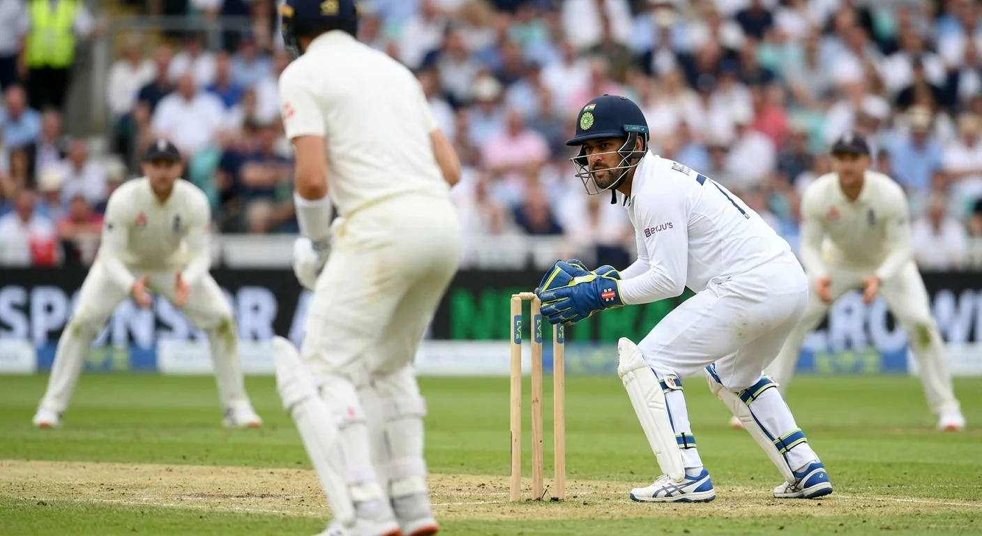 Wicketkeeper di cricket con i guanti pronto a raccogliere la palla dietro i wicket